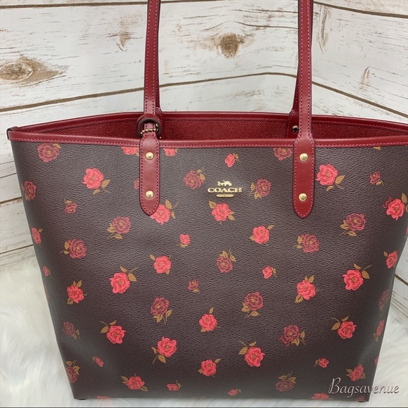 Coach floral reversible tote oxblood cherry pouch - Picture 6 of 8